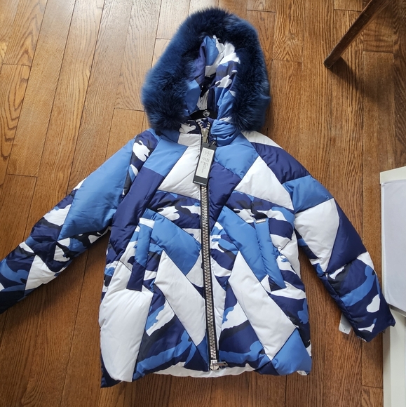 NWT Marco Del Forte Womens Winter Camo Blue Coat with Real Fur. Made in Italy - Picture 1 of 16